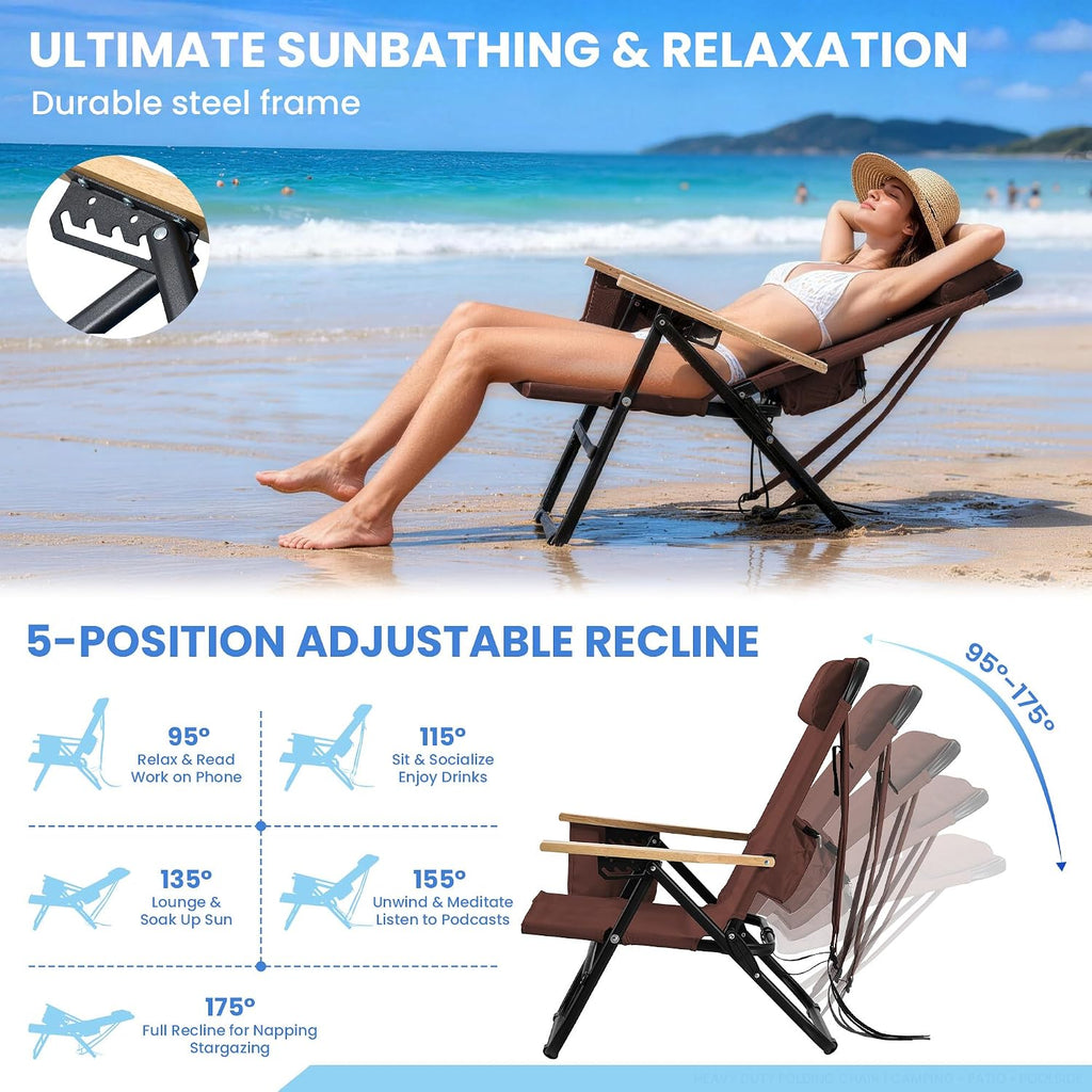 2 Pack Premium 5-Position Reclining Camping Chair - Portable Folding Lightweight Outdoor Chair with Wooden Armrests, Headrest & Pockets, 350lbs Heavy Duty for Beach, Patio, Backyard, Coffee
