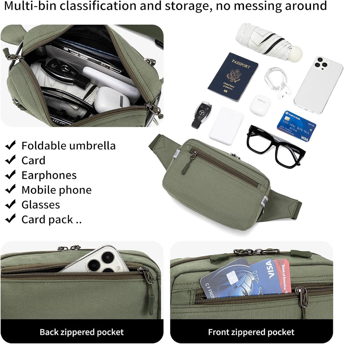 Mini Hiking Waist Bag, 3-Pocket 1.7L RFID Blocking Fanny Pack for Men Women (Army Green)