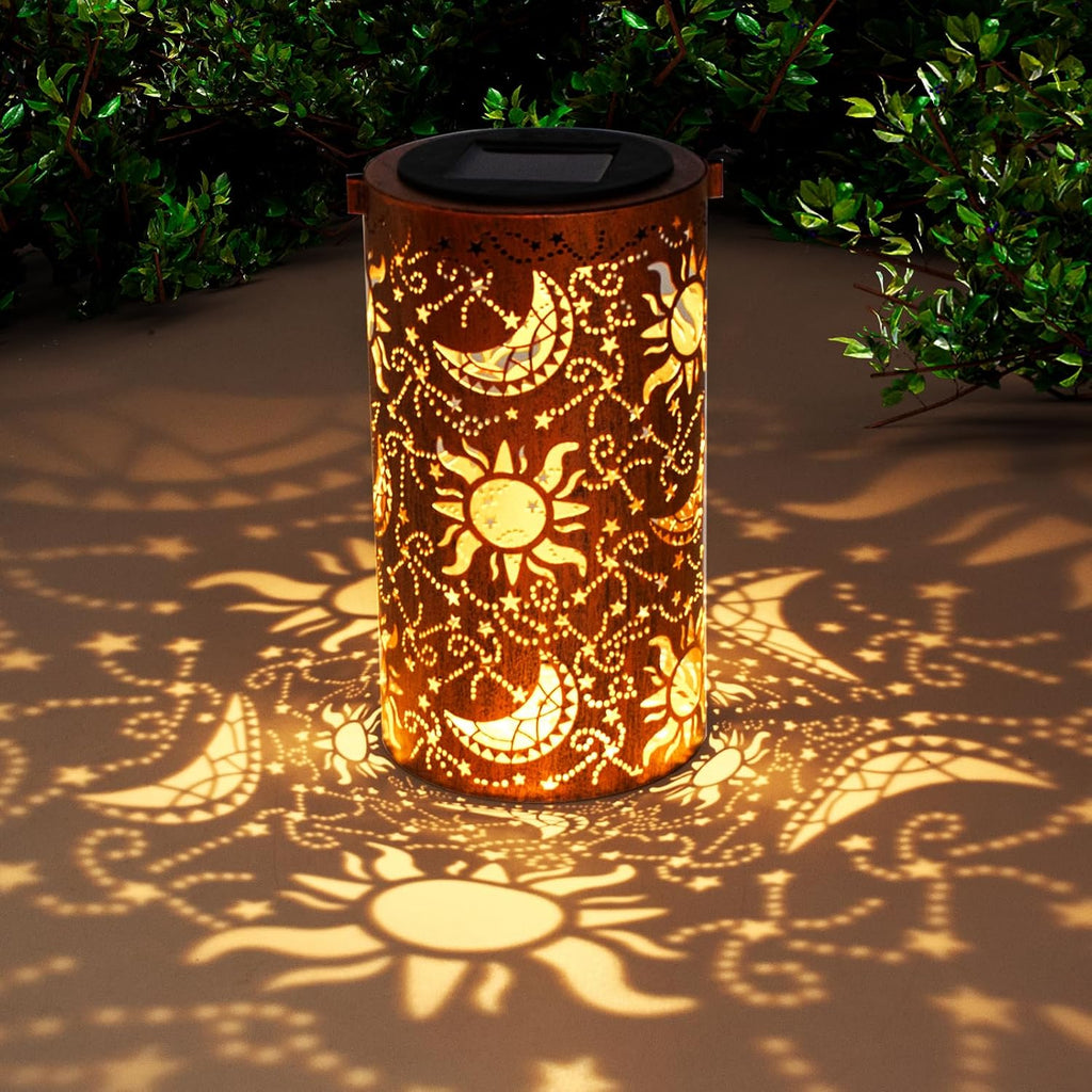 DIBIEECN Birthday Gifts for Women Mom Grandma Wife, Solar Lanterns Outdoor Waterproof, Metal Hanging Lights Garden Decor, LED Decorative Lantern for Patio Porch Backyard, Sun and Moon, 1 Pack