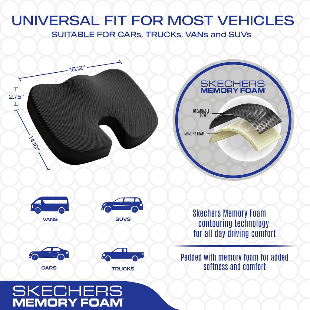 Skechers Memory Foam Seat Cushion,Office Chair Cushion for Tailbone Pain Relief,Butt Pillow for Office Chair,Car seat Cushion,Computer Desk,Long Sitting Office Workers,and Car Drivers,Black
