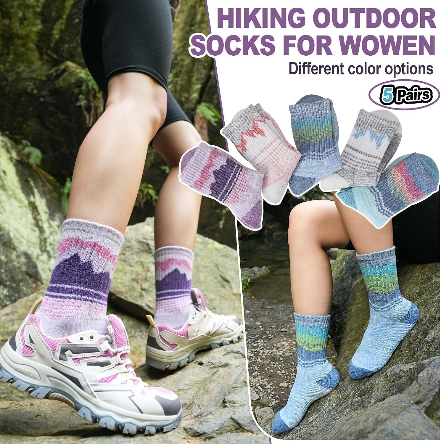 Sandsuced Merino Wool Hiking Warm Socks Thermal Winter Cozy Crew with Cushioned Sole & Moisture Wicking 5 Pairs for Women