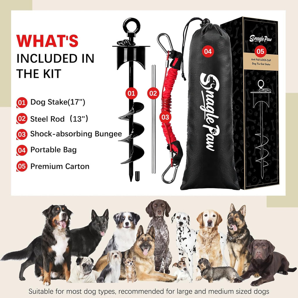 Snagle Paw Dog Tie Out Stake with Lock-Cap,Heavy Duty Dog Stakes for Outside/Yard/Camping with Shock Absorbing Bungee Tether,360°Swivel Rust Proof Ground Anchor for Dog Cable,Leash,Chain,up to 360 Lbs