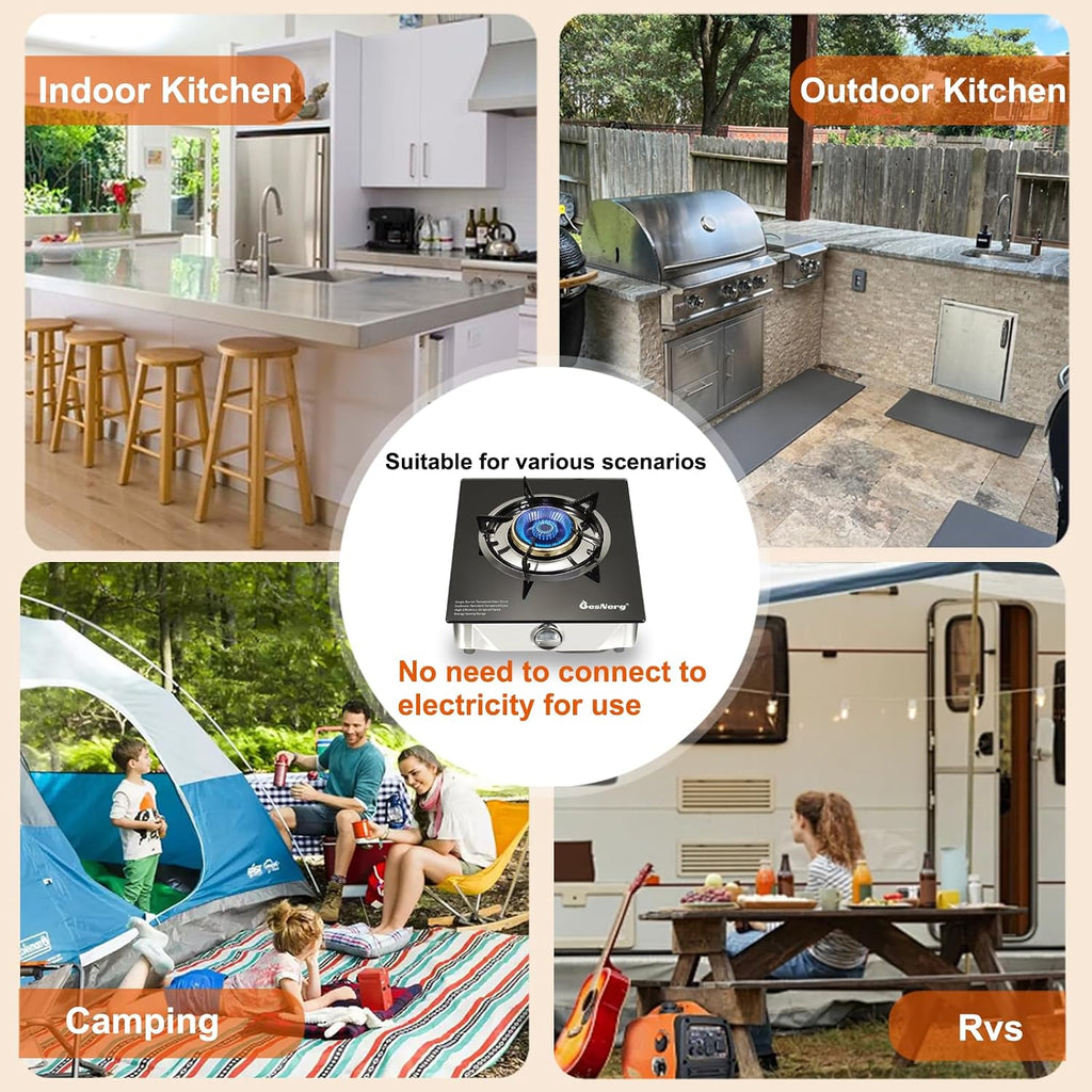 1 Burner Propane Gas Stove with Auto Ignition, 14500 BTU High-Efficiency Heavy-Duty Tempered Glass Cooktop, CSA Regulator & Hose Included, for Outdoor Camping Emergency