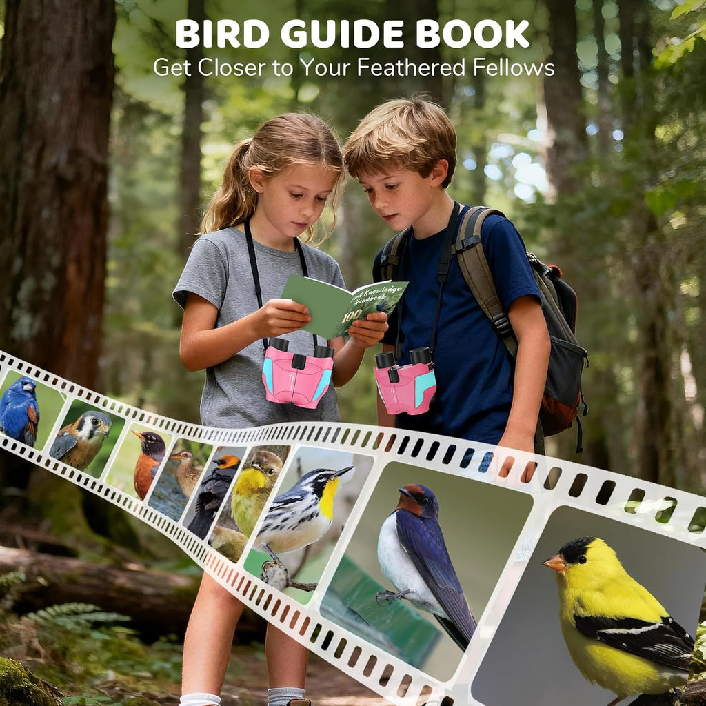 Aurosports 15x25 Compact Binoculars for Kids with Bird Guide Book, Pink