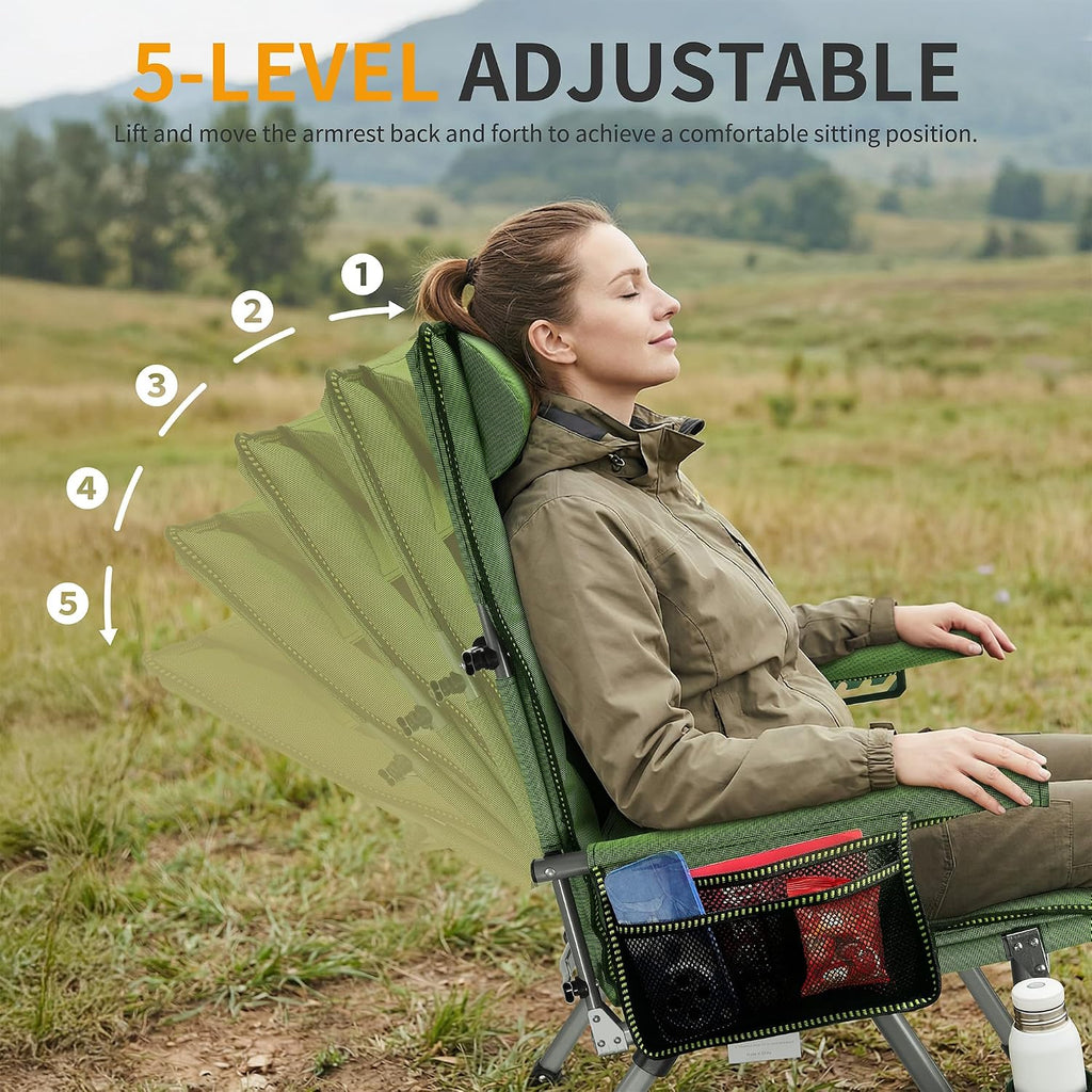 Heavy Duty Folding Camping Chair for Camp, Picnic, Lawn, Fishing (Green, Adjustable)