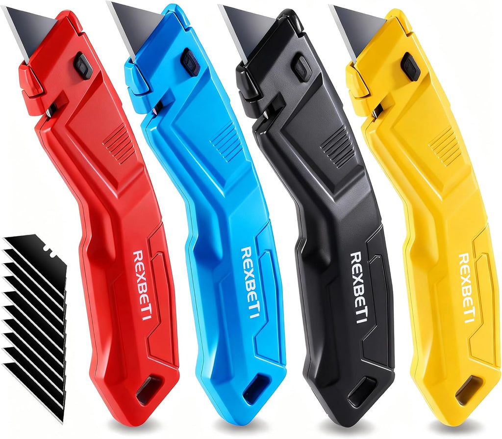 REXBETI 4-Pack 4-Color Box Cutter, Retractable Utility Knife, 14 SK2 Blades