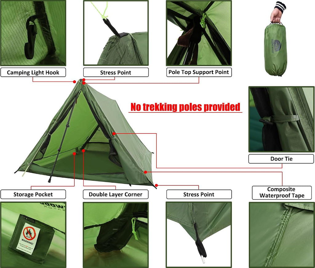2 Person Trekking Pole Tent, Ultralight Camping Backpacking Tent (NO Poles)