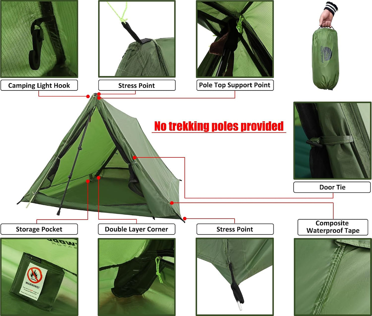 2 Person Trekking Pole Tent, Ultralight Camping Backpacking Tent (NO Poles)
