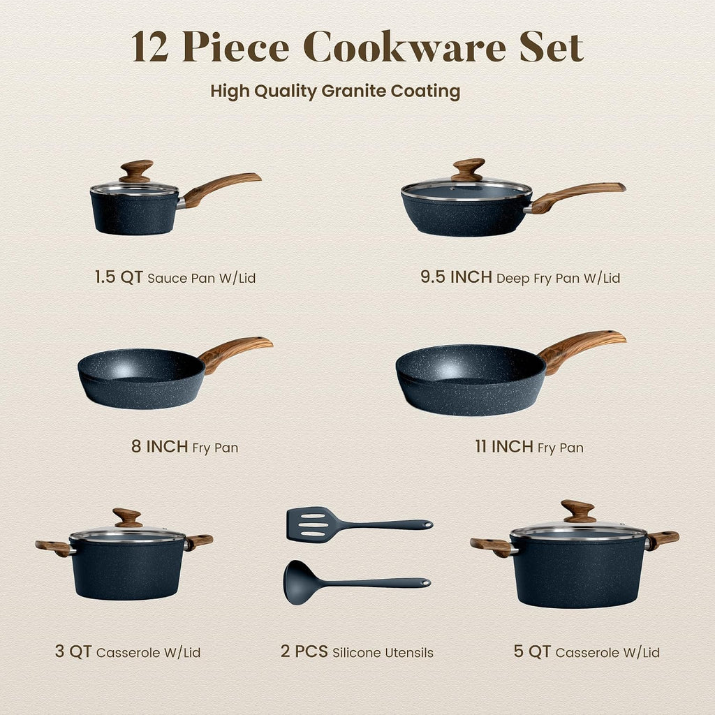 Kitchen Academy Blue Pots and Pans Set Non Stick, 12Pcs Induction Cookware