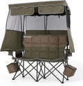 Padded Double Camping Chair With Canopy,Folding Chair Support 450LBS, Green