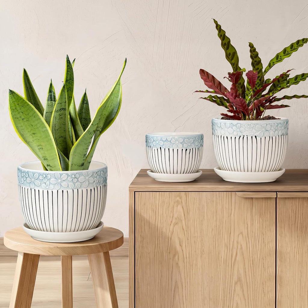 Gray Flower Pots, Texture Ceramic Plant Pots for Indoor Plants Set of 3