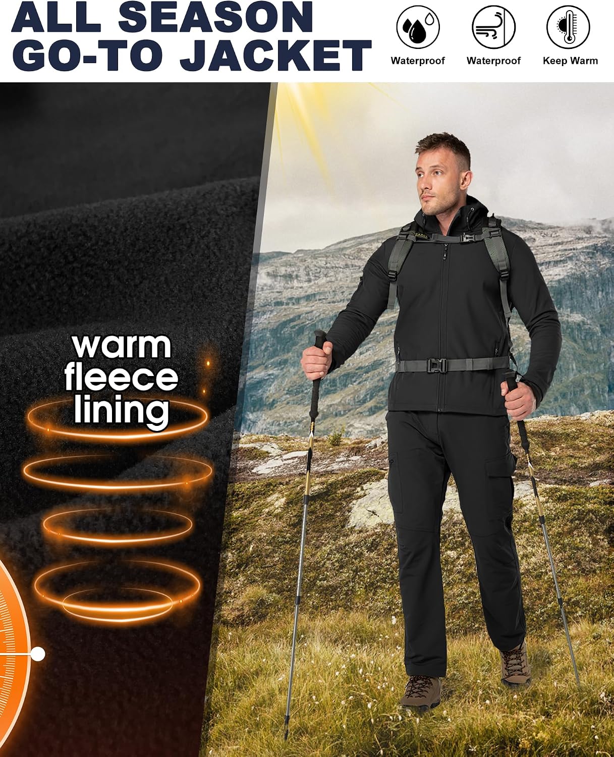 33,000ft Men's Hooded Fleece Lined Rain Shell Jacket Waterproof Lightweight