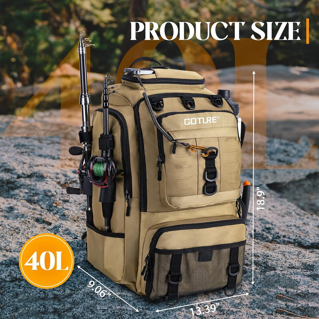 Goture 40L Large Khaki Fishing Backpack w/Cooler & fishing tackle boxes