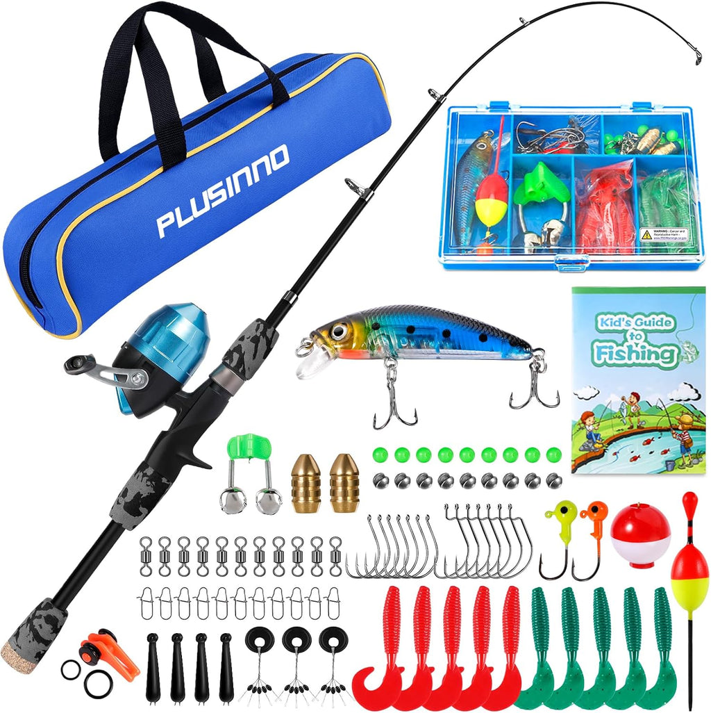 PLUSINNO Kids Fishing Pole with Spincast Reel Telescopic Fishing Rod Combo Full Kits for Boys, Girls, and Adults