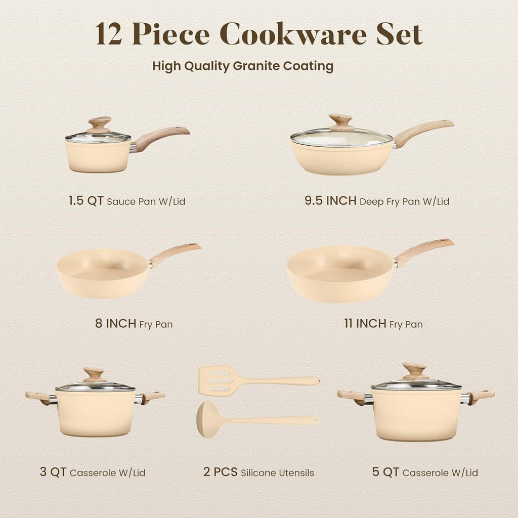 Kitchen Academy Beige Pots and Pans Set Non Stick, 12Pcs Induction Cookware