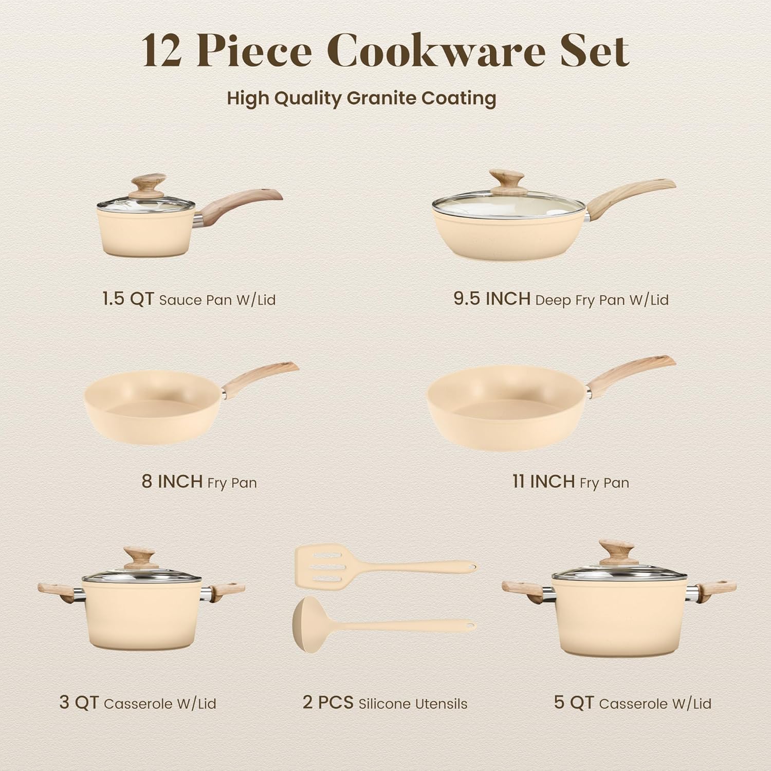 Kitchen Academy Beige Pots and Pans Set Non Stick, 12Pcs Induction Cookware