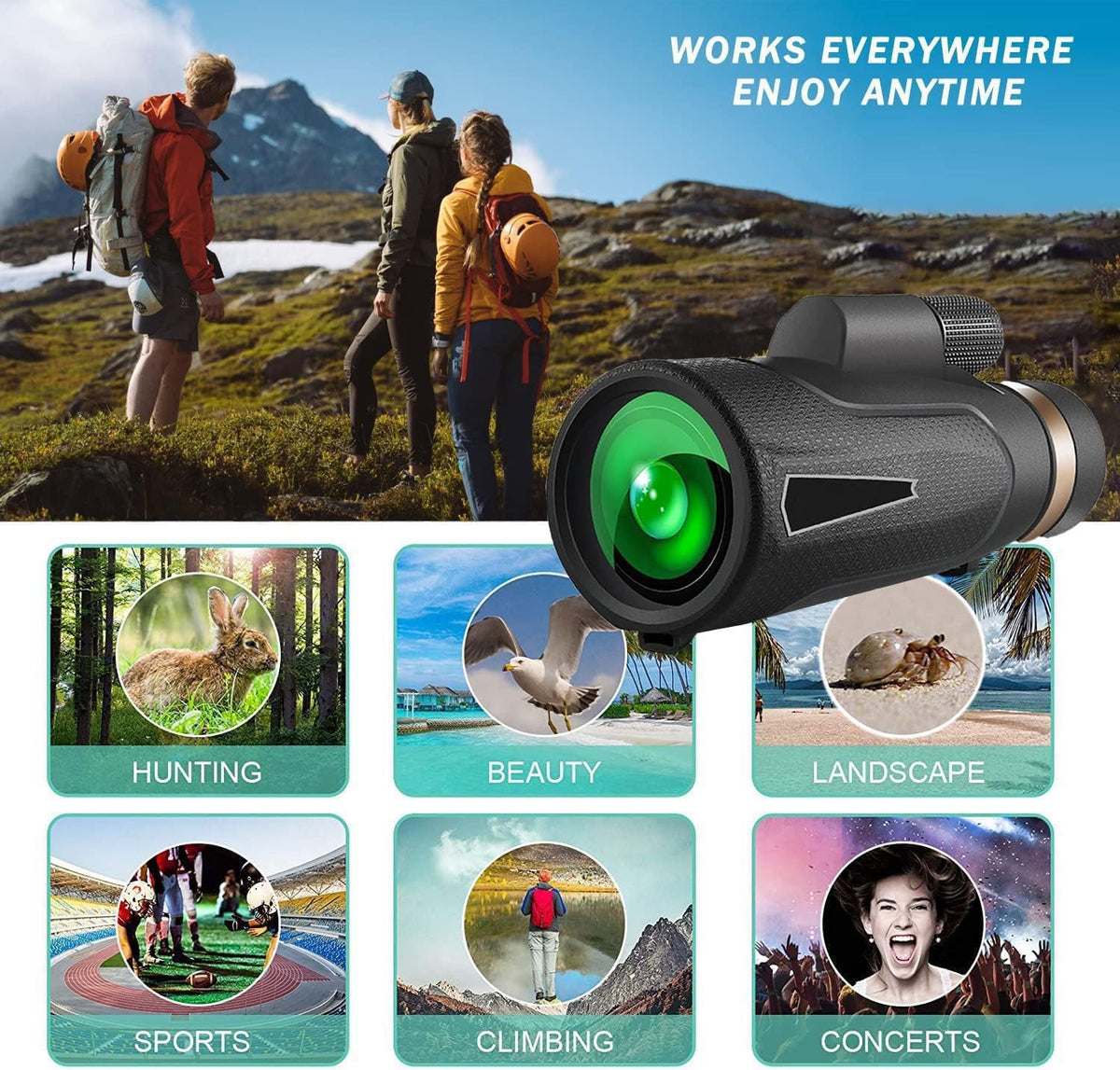 12x Monocular Telescope for Adults, 50mm Objective Lens BAK4 Prism Compact Scope with One-Hand Focus for Bird Watching, Hiking, Camping, Sports and Concerts(Black)