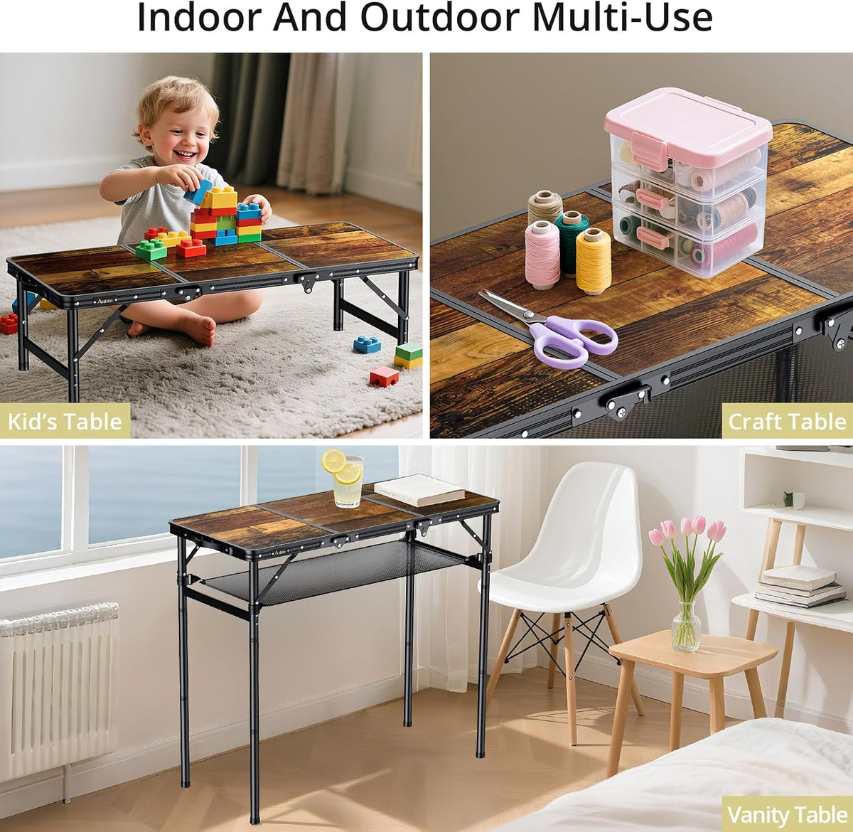 Anbte 3ft Folding Camping Table, 3 Adjustable Height 29.5", Rustic Brown