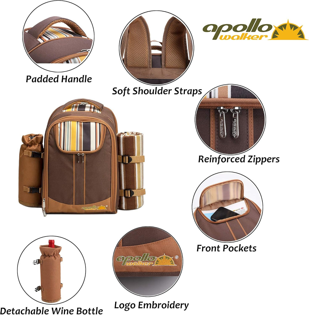 Picnic Backpack, 2-Person with Blanket & Wine, Family & Lovers Gift, Brown