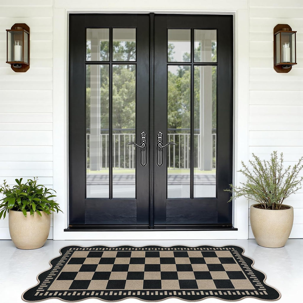 Checkered Easy Jute 3x5 Outdoor Patio Rug, Washable Rugs for Entryway Indoor Outdoor Area Rug Black Kitchen Rugs, Non-Slip Farmhouse Neutral Rug for Balcony Backyard