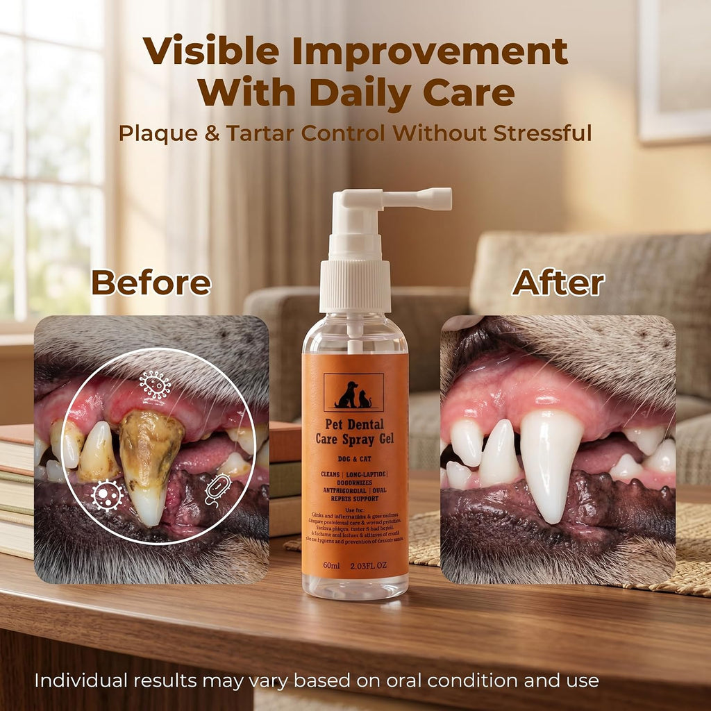 Pet Dental Spray Gel for Dogs & Cats, No Brushing Pet Oral Care Spray, Self-Adhering Gel Film for Teeth Cleaning, Breath Freshener & Plaque Tartar Control, Gum Health Support