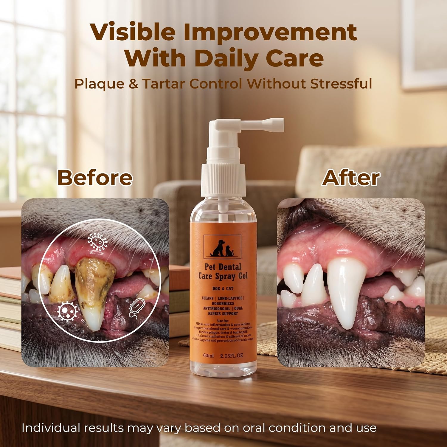 Pet Dental Spray Gel for Dogs & Cats, No Brushing Pet Oral Care Spray, Self-Adhering Gel Film for Teeth Cleaning, Breath Freshener & Plaque Tartar Control, Gum Health Support