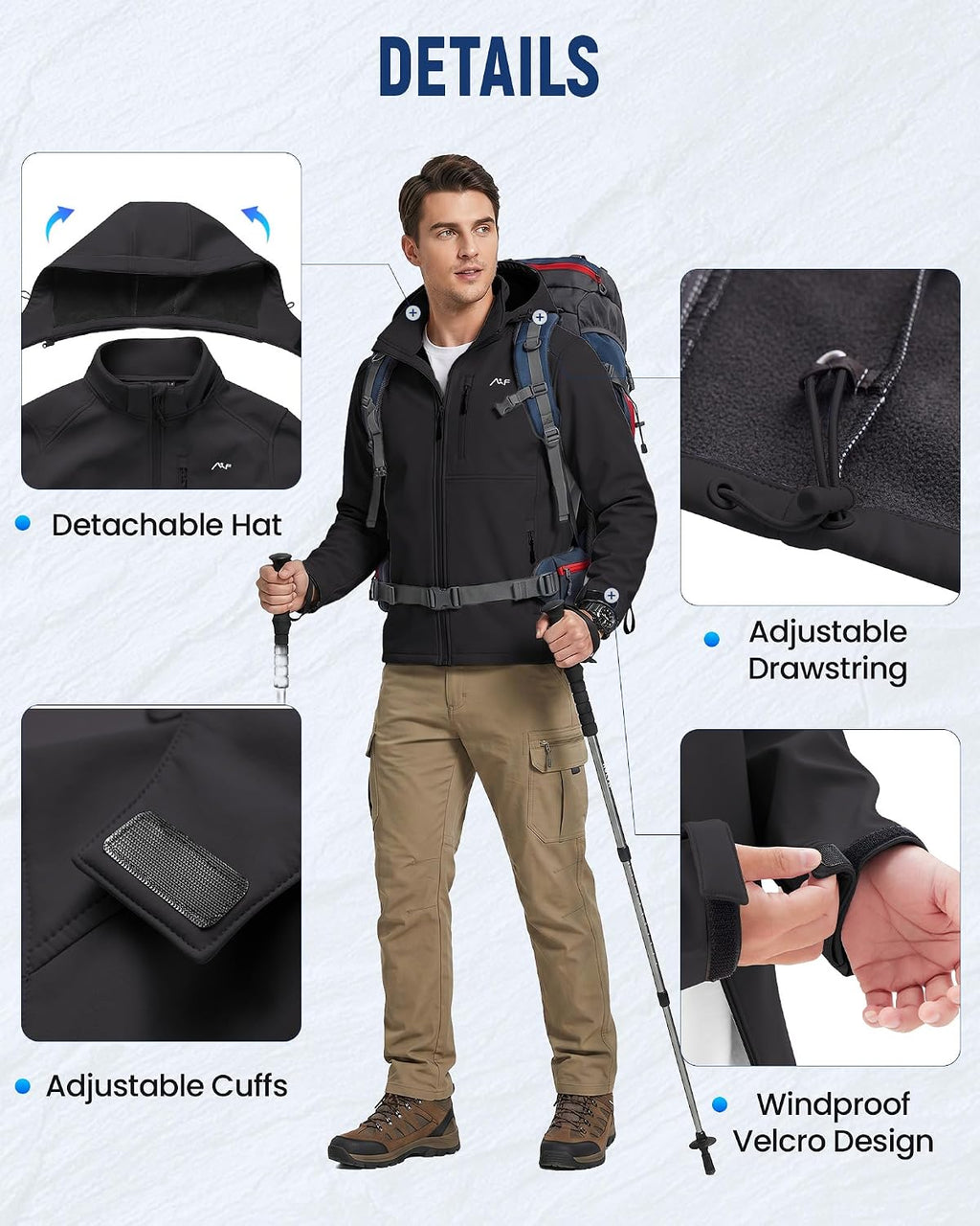 WULFUL Men's Softshell Jacket Waterproof Lightweight Insulated Windbreaker Fleece Lined Rain Shell Jacket for Hiking Travel