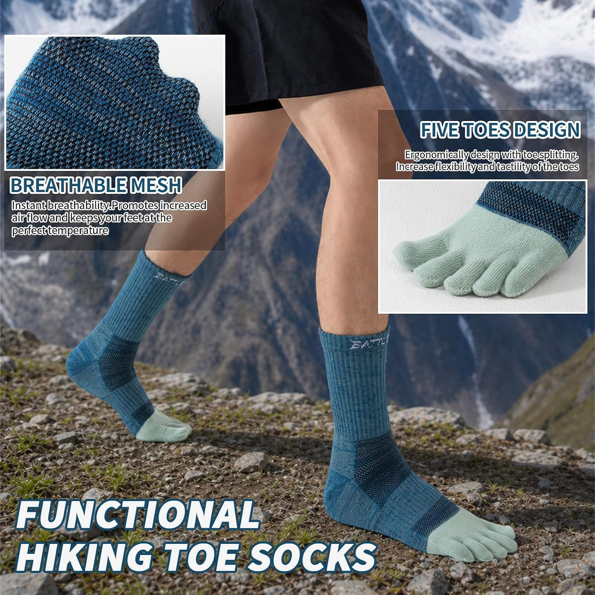 Merino Wool Toe Socks,Hiking Running Crew Socks for Women Men
