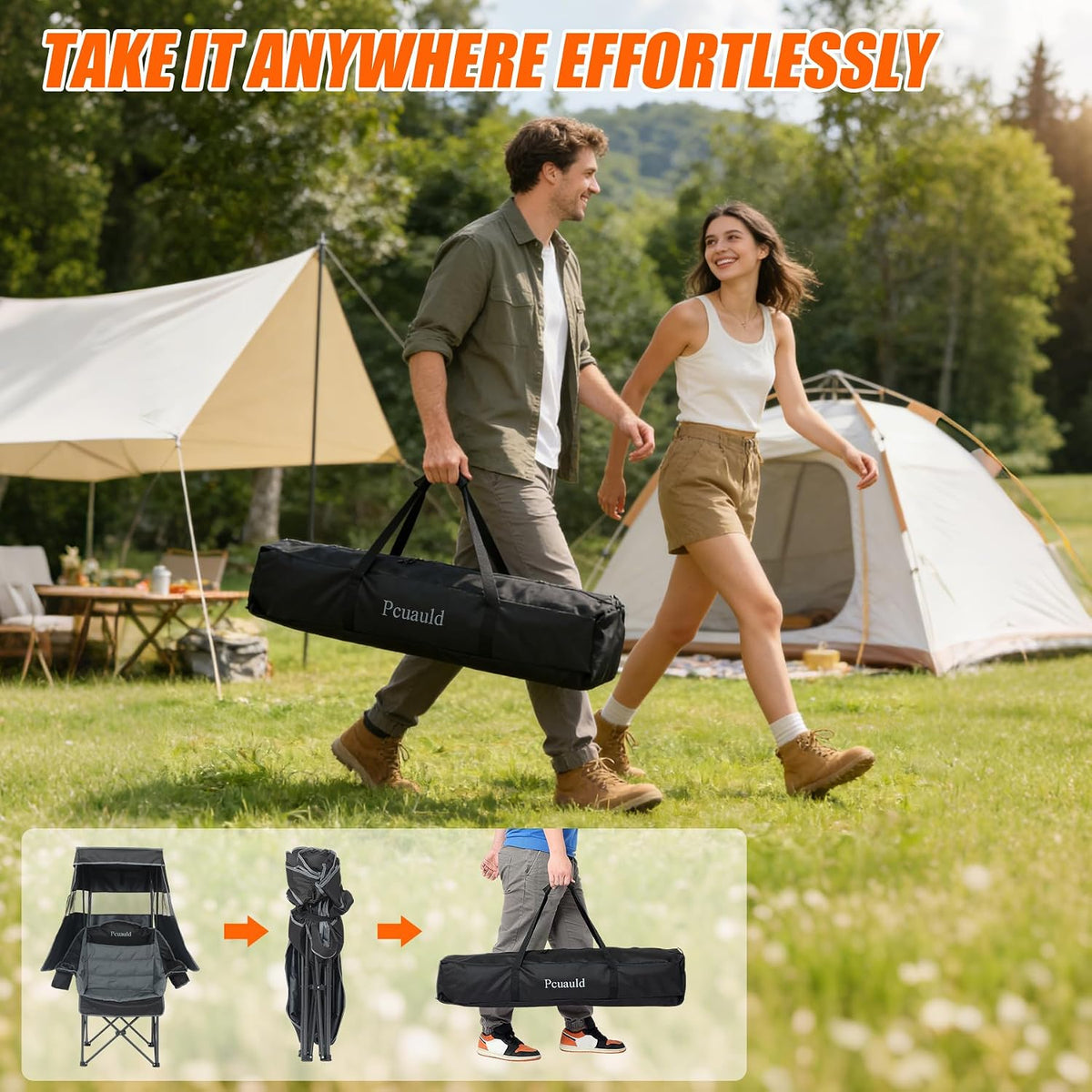Camping Chair with Canopy Shade Heavy Duty Folding Chair with Umbrella Cup Holder Oversized Beach Chairs with Canopy for Adults Portable Padded Outdoor Lawn Chair for Sports Events Fishing, 500LBS