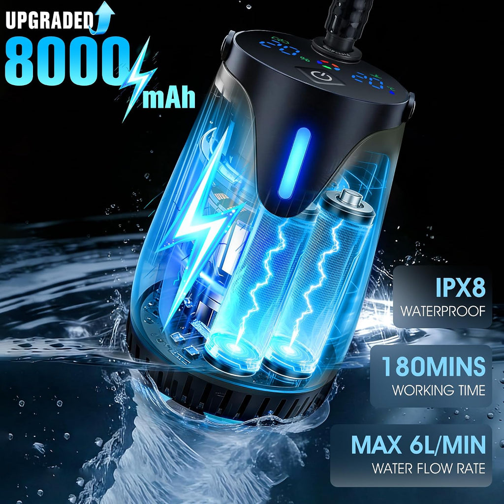 FizZeal Portable Camping Shower with LED Display & 5 Speed, 8000mAh Battery