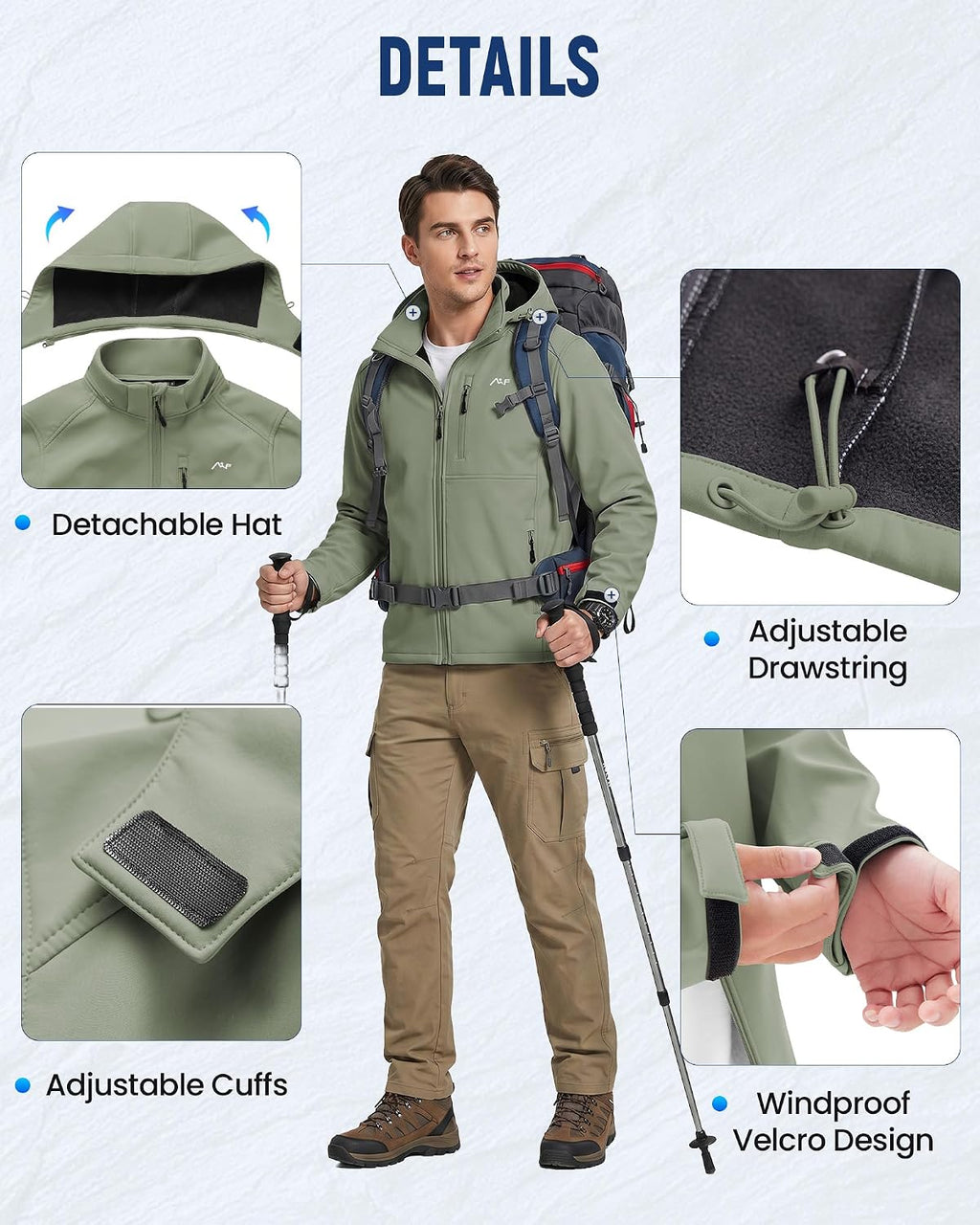 WULFUL Men's Softshell Jacket Waterproof Lightweight Insulated Windbreaker Fleece Lined Rain Shell Jacket for Hiking Travel