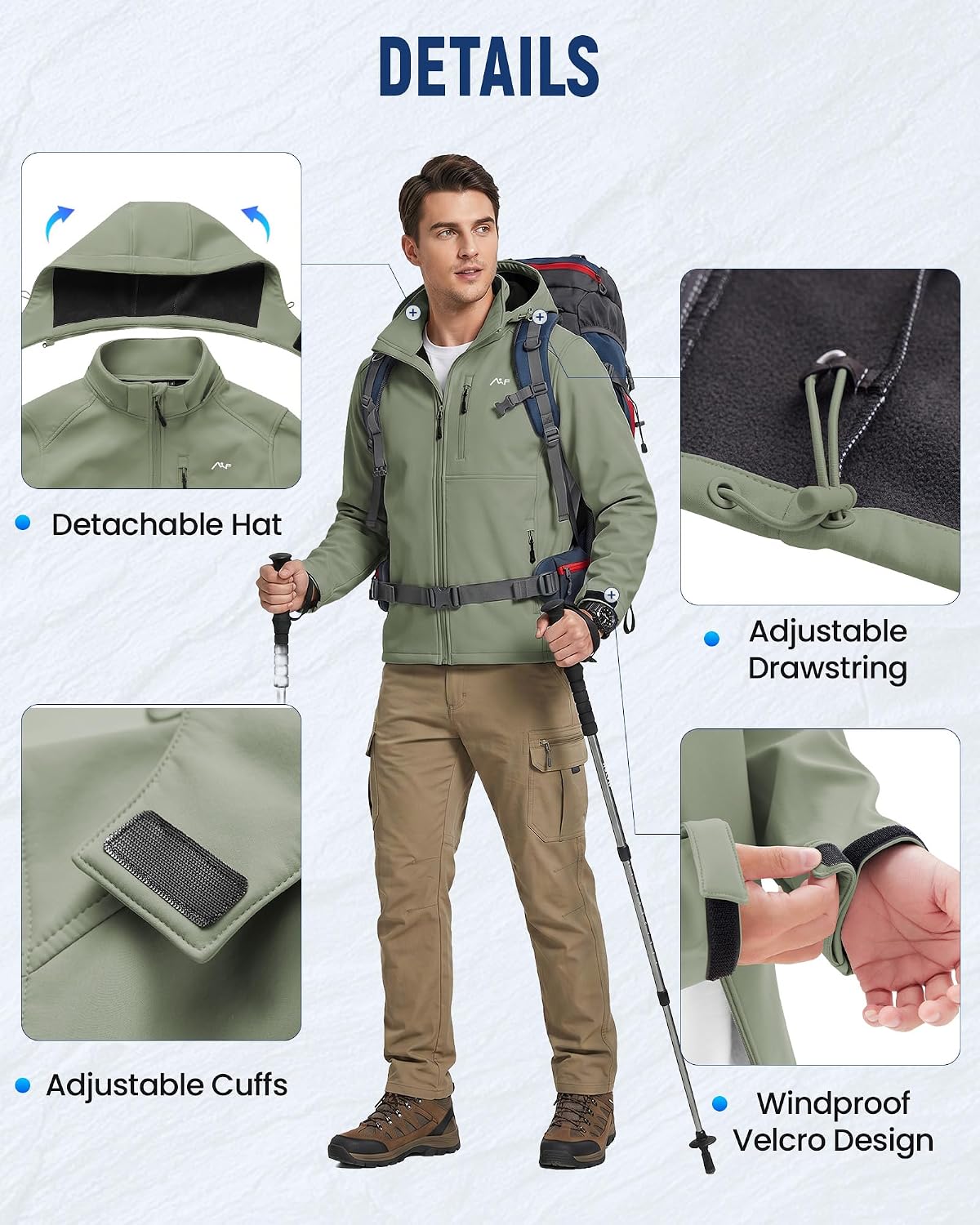 WULFUL Men's Softshell Jacket Waterproof Lightweight Insulated Windbreaker Fleece Lined Rain Shell Jacket for Hiking Travel