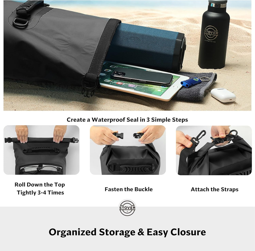 STOVER 5/10/25/30/40L Waterproof Dry Backpack & Phone Case- Large Floating Dry Bag for Kayaking, Travel, Hiking, Fishing, Camping, Motorcycles & Beach, Heavy-Duty Roll Top Men/Women (Black)