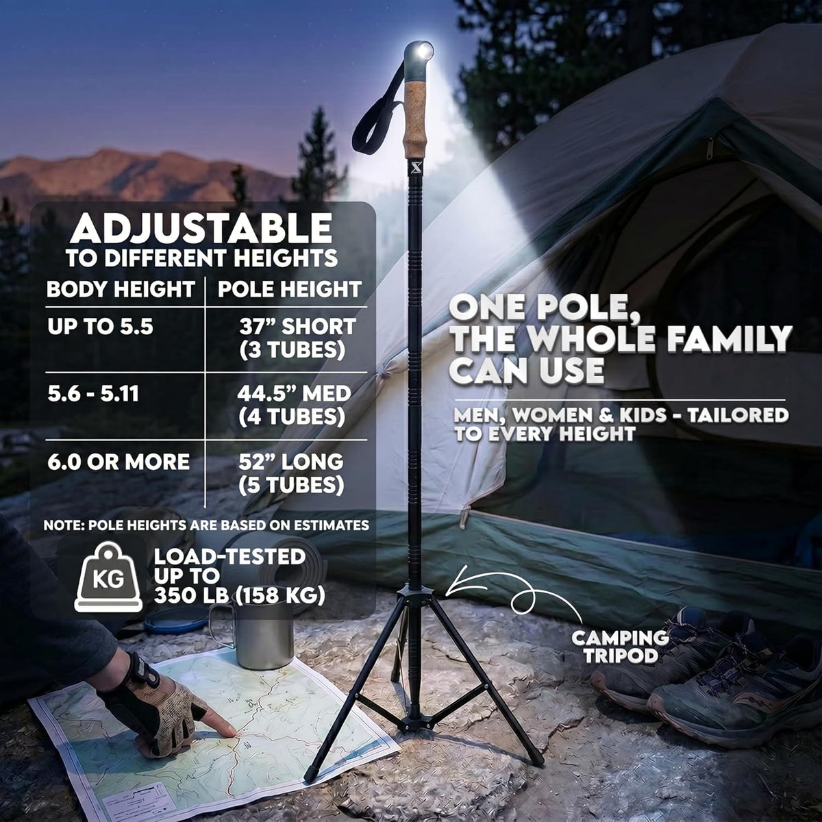 Tactical Hiking & Walking Stick - Survival Multi-Tool w/Light & Power Bank