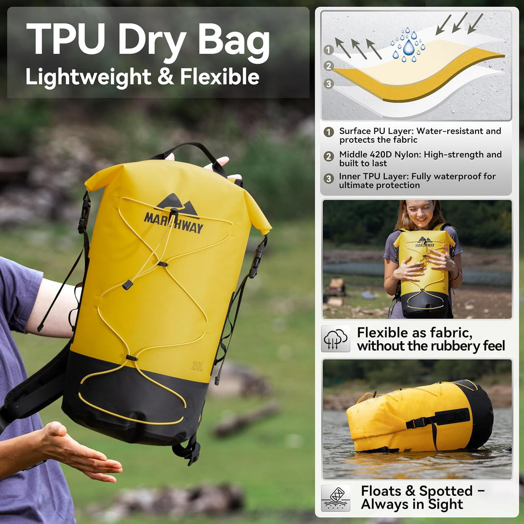 MARCHWAY Floating Roll Top Dry Bag, Flexible Lightweight TPU-coated Nylon Waterproof Backpack 20L/30L/40L with Padded Straps for Boating, Kayaking, Swimming, Hiking, Beach (Yellow, 30L)