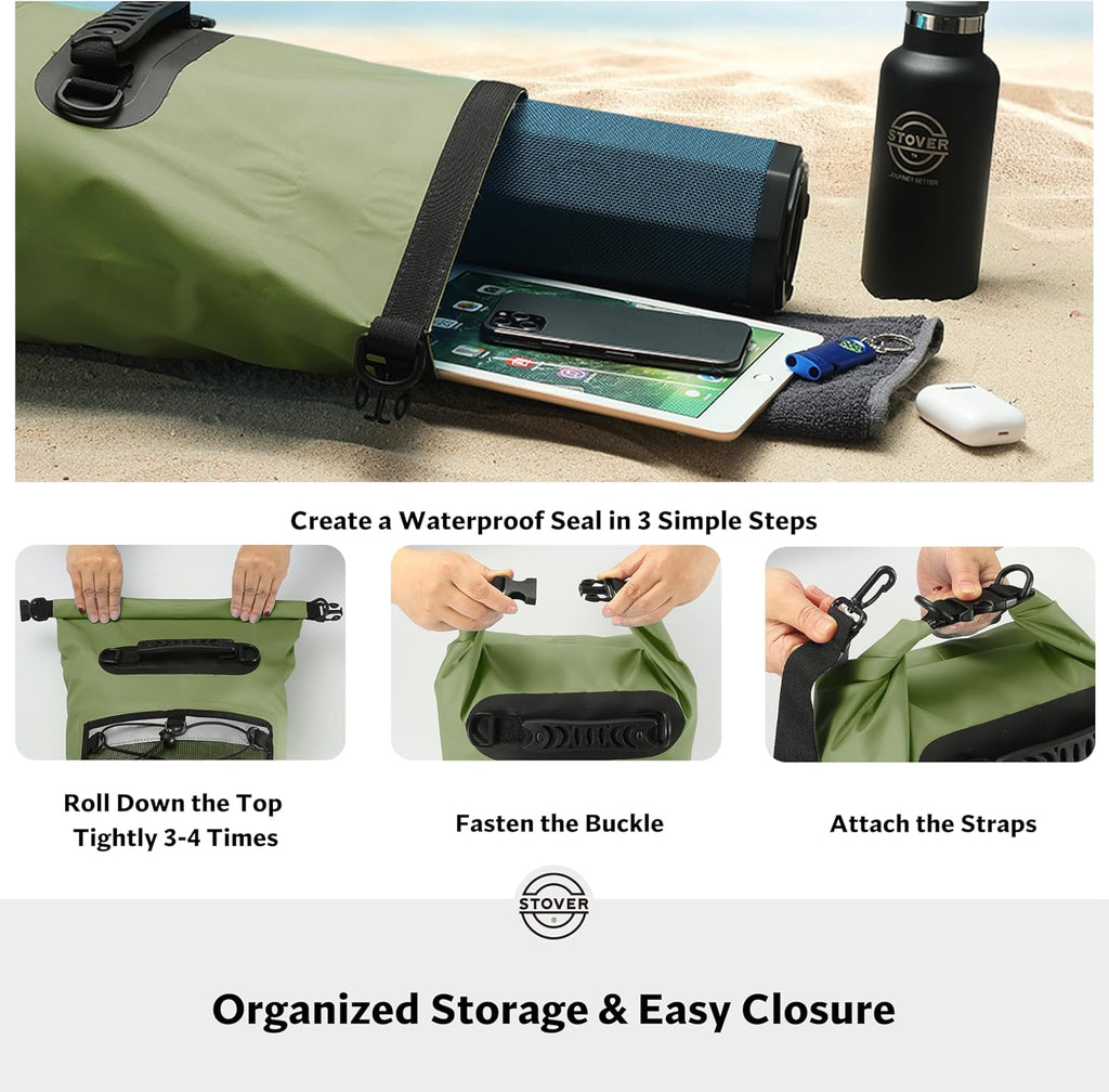 STOVER 5/10/25/30/40L Waterproof Dry Backpack & Phone Case- Large Floating Dry Bag for Kayaking, Travel, Hiking, Fishing, Camping, Motorcycles & Beach, Heavy-Duty Roll Top Men/Women (Green)