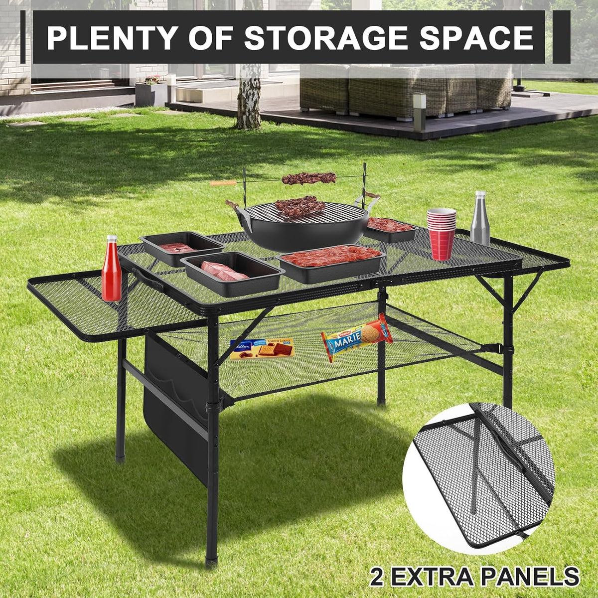 Folding Matel Grill 4.4 FT Camping Table with 2 Wing Panels