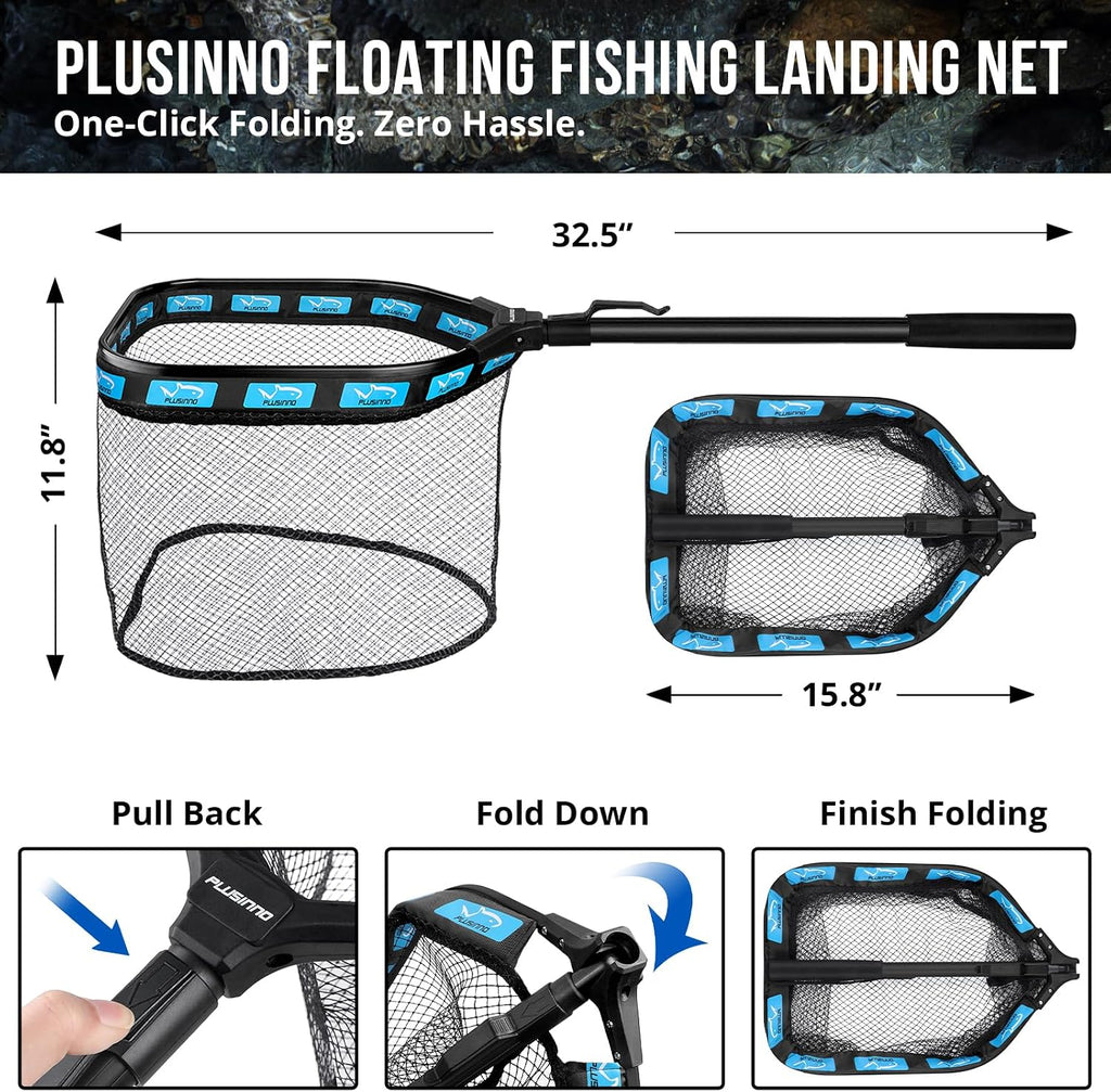 PLUSINNO Fishing Backpack with Floating Fishing Net, Tackle Box,Tackle Bag