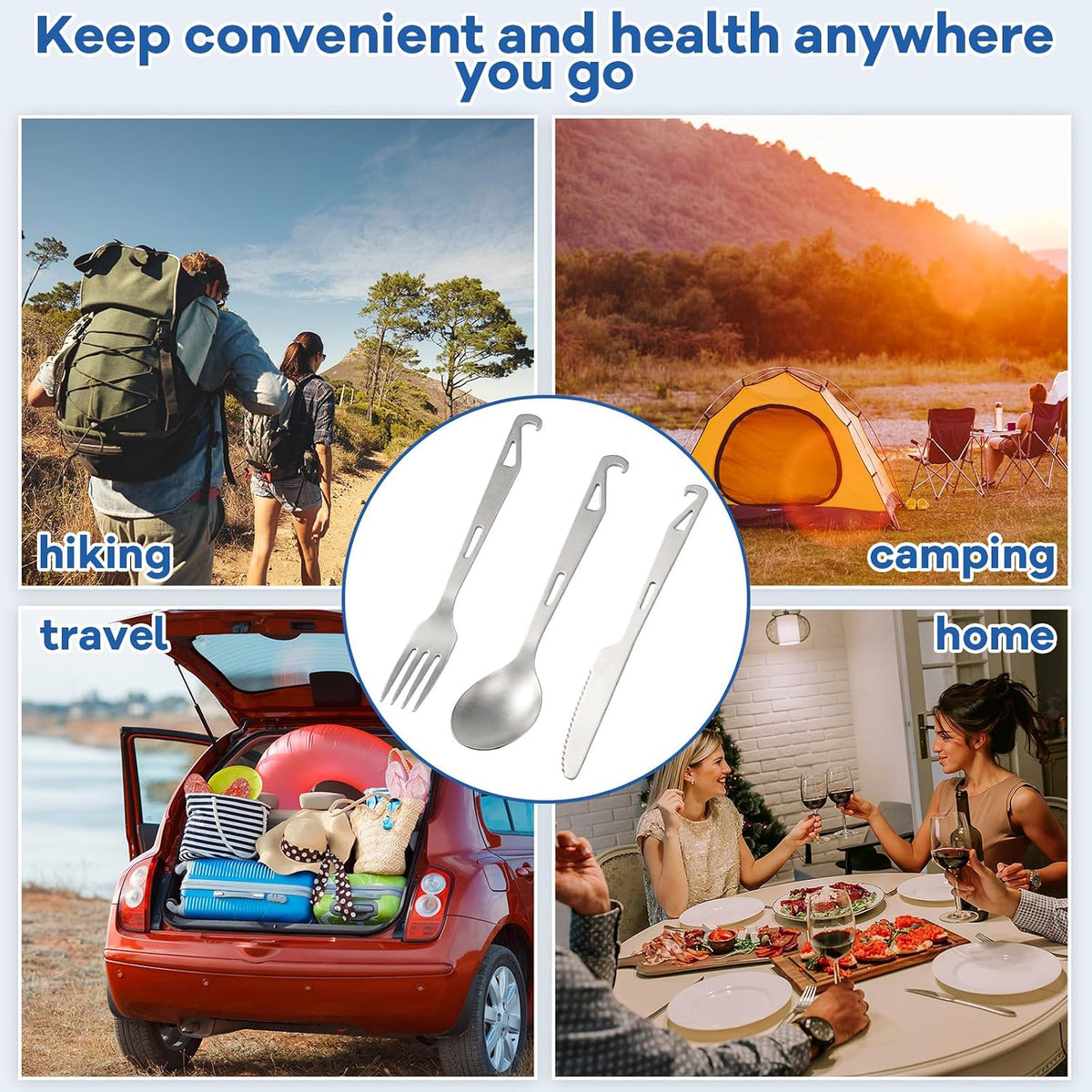 Hushee 6 Pcs Titanium Flatware Knife Fork Spoon Set Camping Utility Cutlery