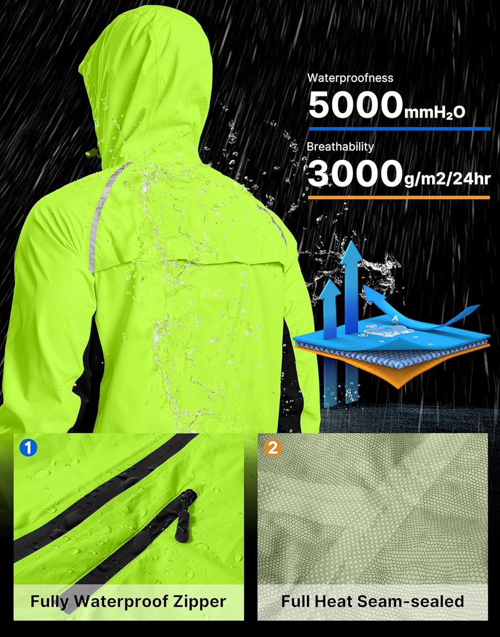 Bikewa Men's Cycling Rain Jackets Waterproof Running Bike Windbreaker Lightweight Packable Hooded Jacket