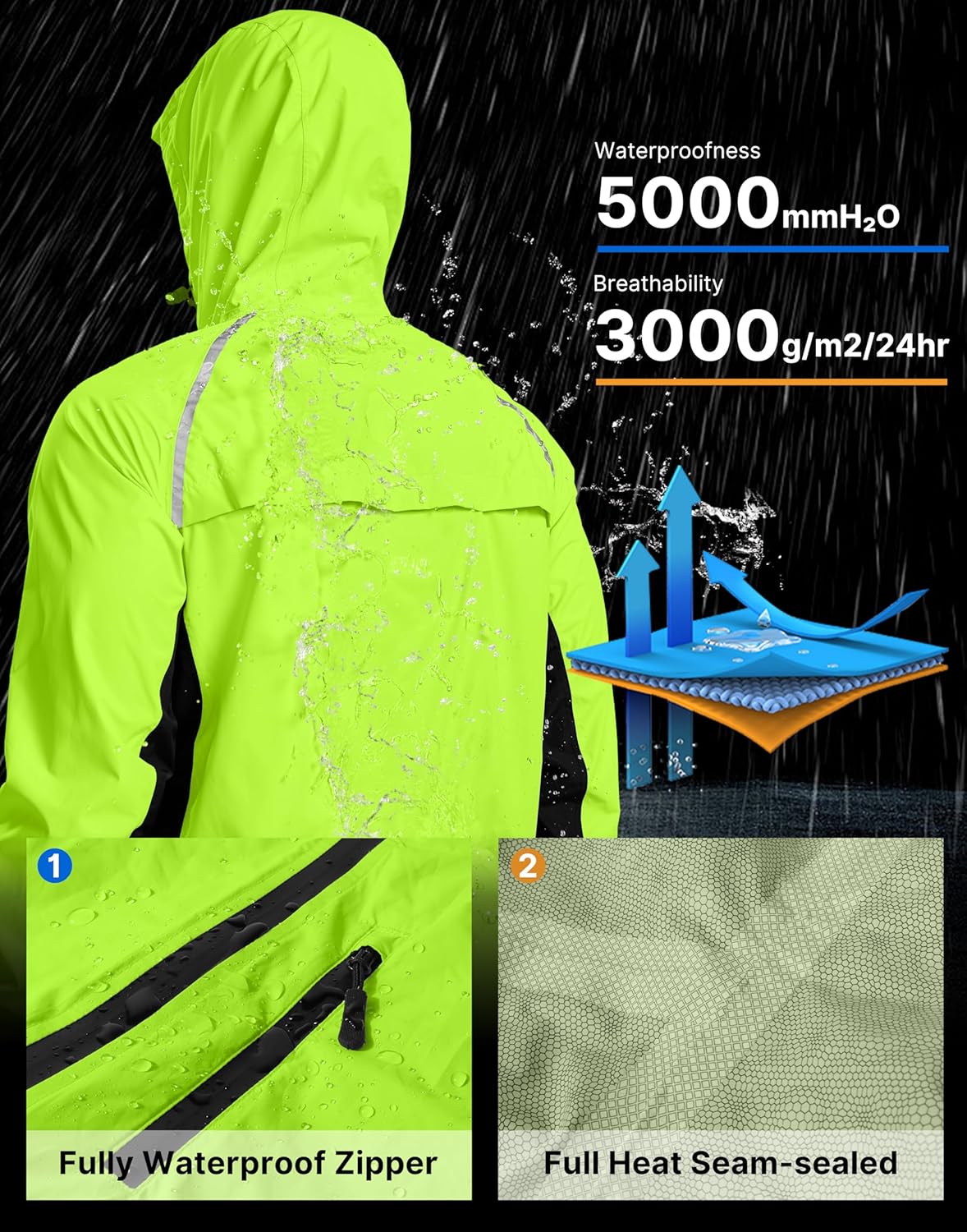 Bikewa Men's Cycling Rain Jackets Waterproof Running Bike Windbreaker Lightweight Packable Hooded Jacket