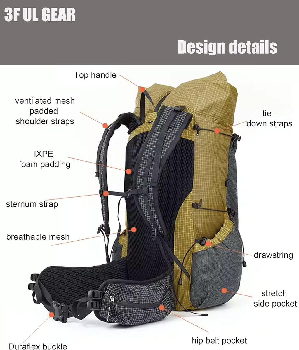 3F UL GEAR 30L+10L UHMWPE Ultralight Waterproof Hiking Backpack Daypack Outdoor Camping Travel Backpack for Men Women (Elegant Black, Large)