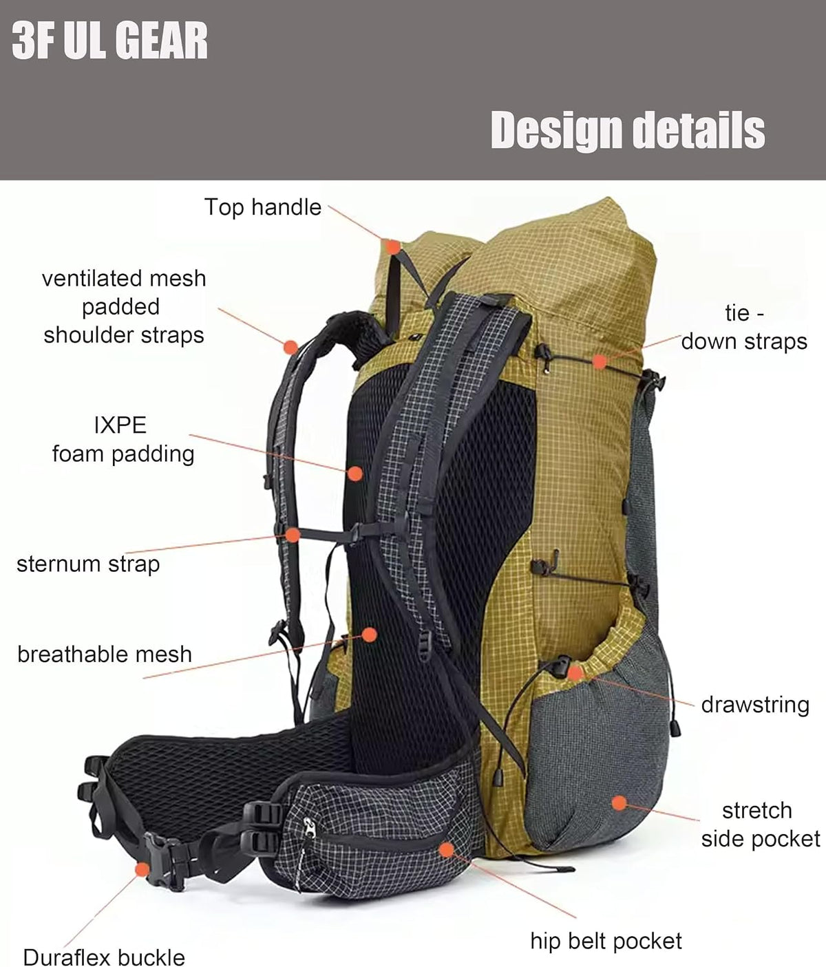 3F UL GEAR 30L+10L UHMWPE Ultralight Waterproof Hiking Backpack Daypack Outdoor Camping Travel Backpack for Men Women (Elegant Black, Large)