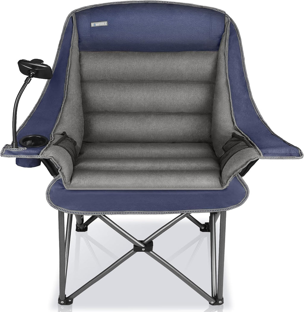 Oversized Camping Chairs for Adults- Heavy Duty Extra Large Lawn Chair,Folding Comfy Padded Camp Chair for Outdoor Sports Garden Beach,Wide&Thick,Blue Plaid