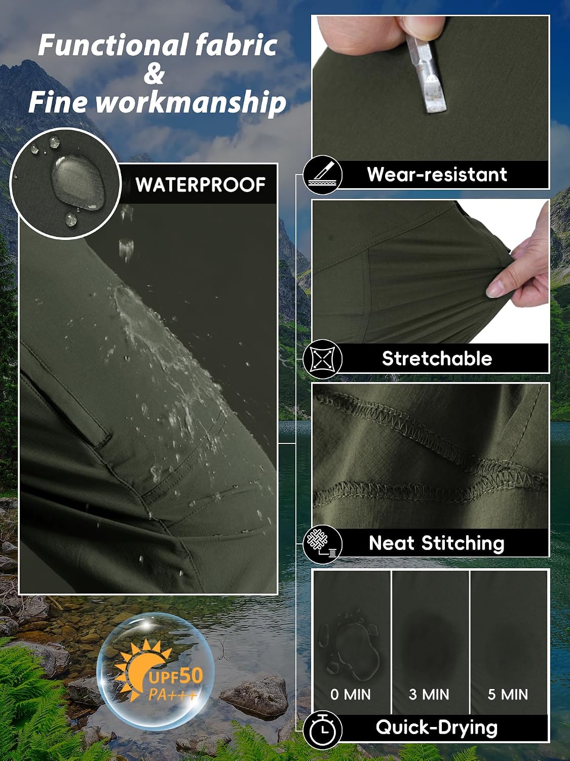 Mens Hiking Pants Lightweight Cargo Work Tactical Nylon Stretch Waterproof Quick Dry Fishing Travel Outdoor 6 Pockets