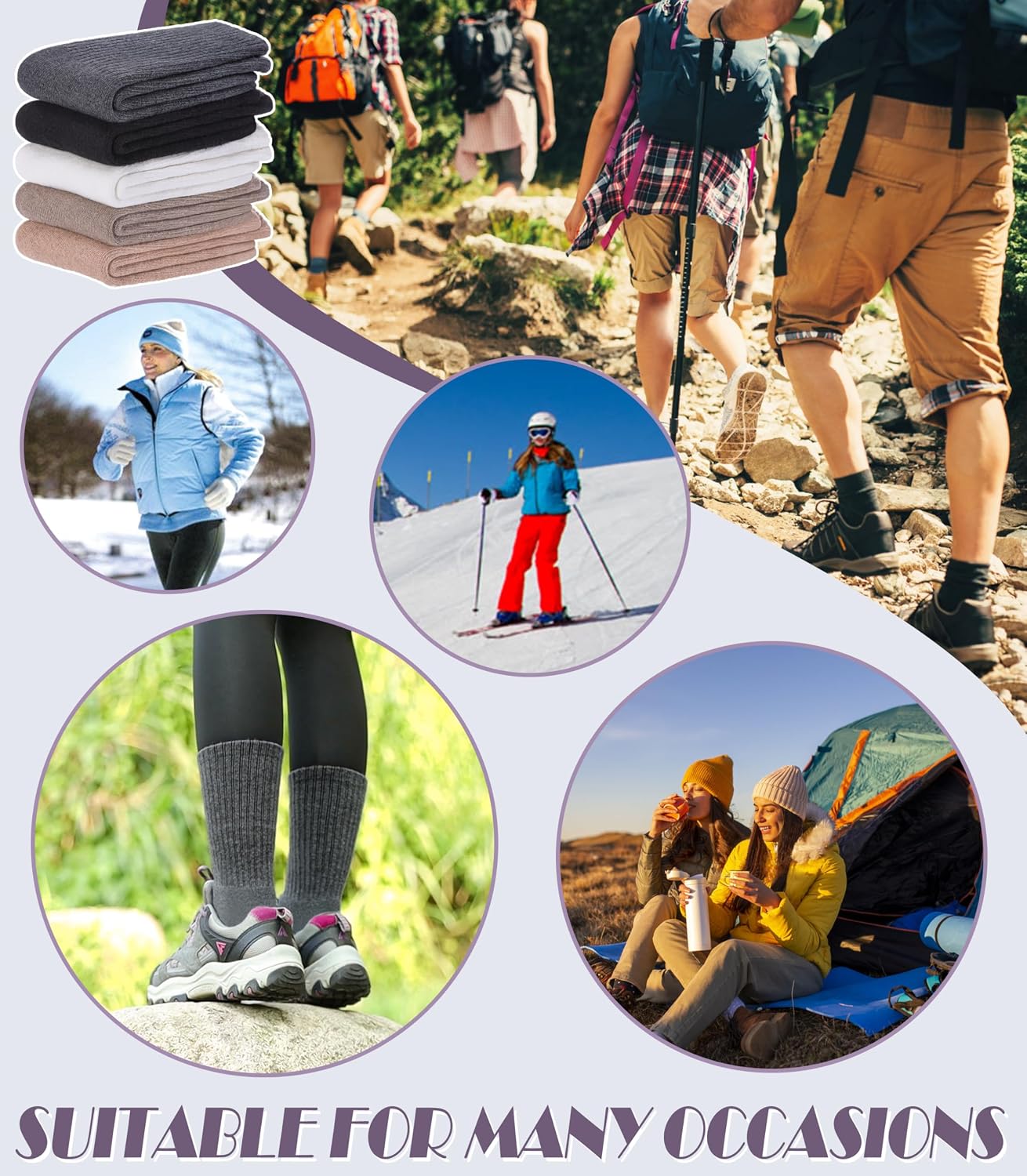 DYW Merino Wool Hiking Socks for Women Men Thermal Warm Winter Boot Crew Cushion Work Ladies Socks 5 Pairs