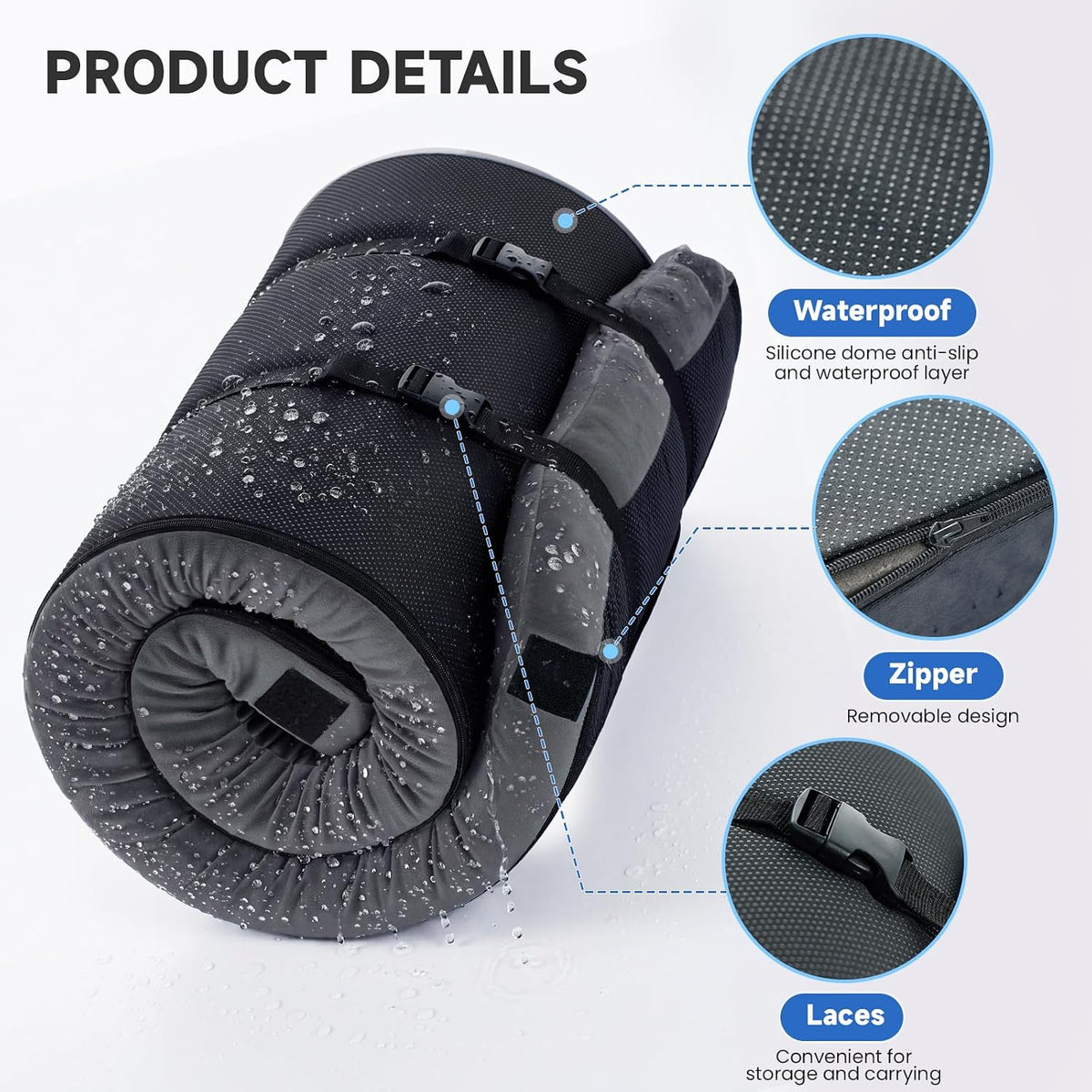 3 Inch Memory Foam Camping Mattress Pad with Storage Bag, Portable Roll Up Sleeping Pad for Car Camping, Waterproof Sleeping Mat with Removable Cover for Camping Cot Tent Truck Travel and Guest Use