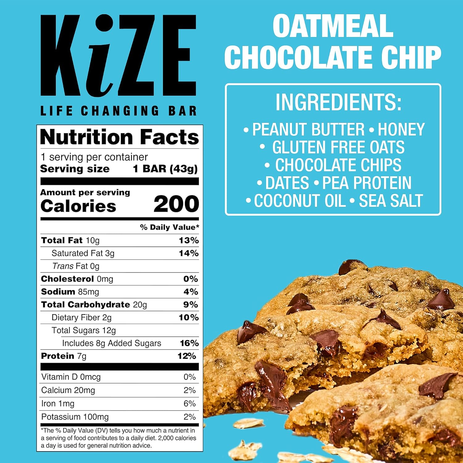 KiZE Energy Bars - Oatmeal Chocolate Chip - 20-Count - Gluten Free, Dairy Free, Non-GMO, and High Protein Meal Replacement Energy Bars, Clean and Simple Food Ingredients - 7g High Protein Snacks (20 Count)