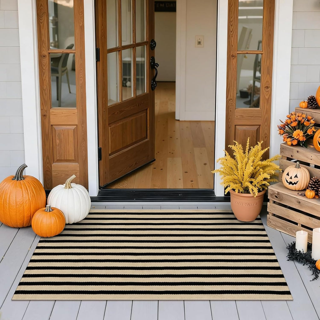 Fall Front Door Mat 2'x4.3', Cotton Washable Striped Outdoor Rug