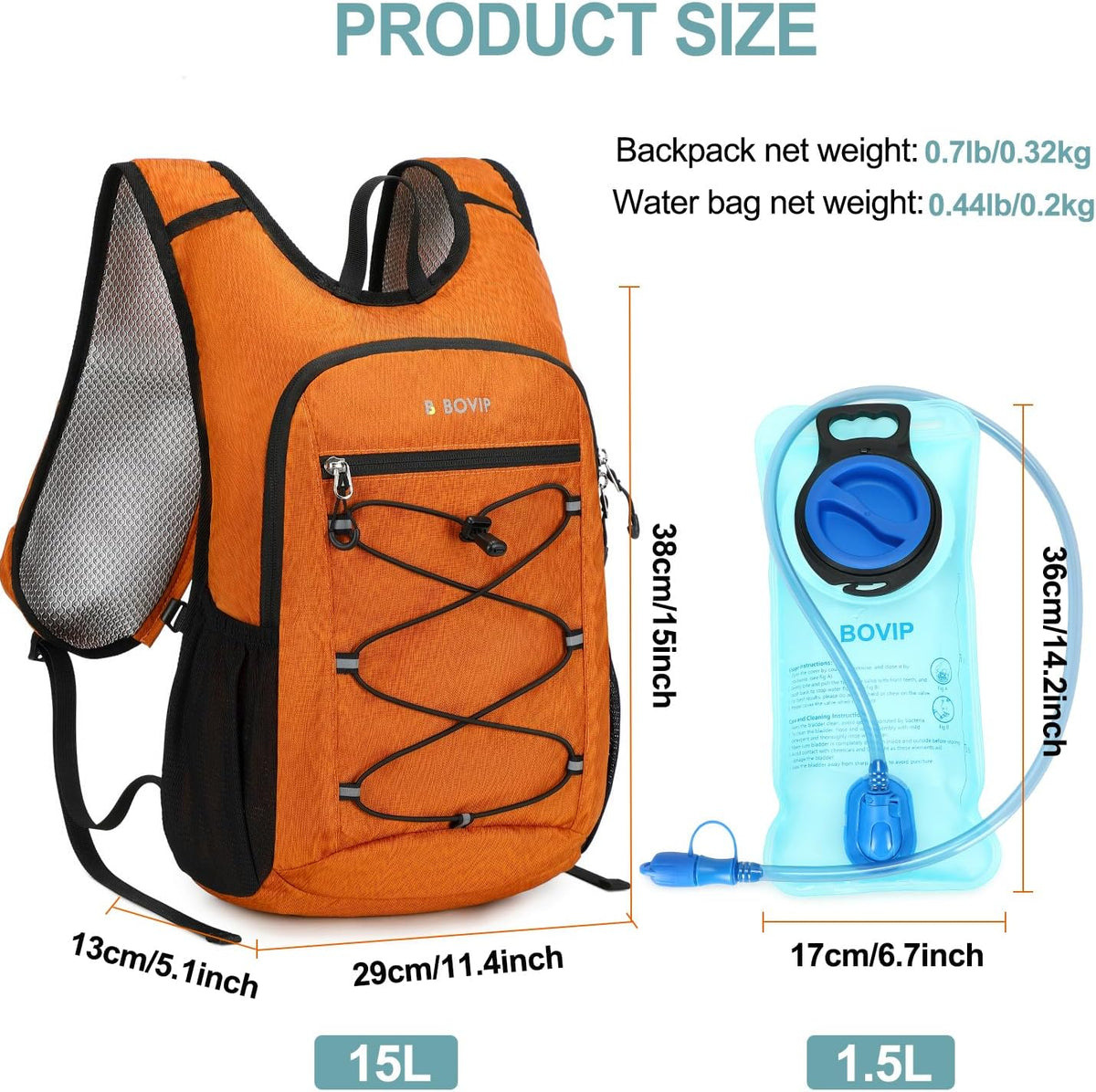 BOVIP Lightweight Hydration Back,15L Multipurpose Hiking Backpack with 1.5L Water Bladder ,Hydro Water Daypack for Cycling Hiking Rave for Men Women